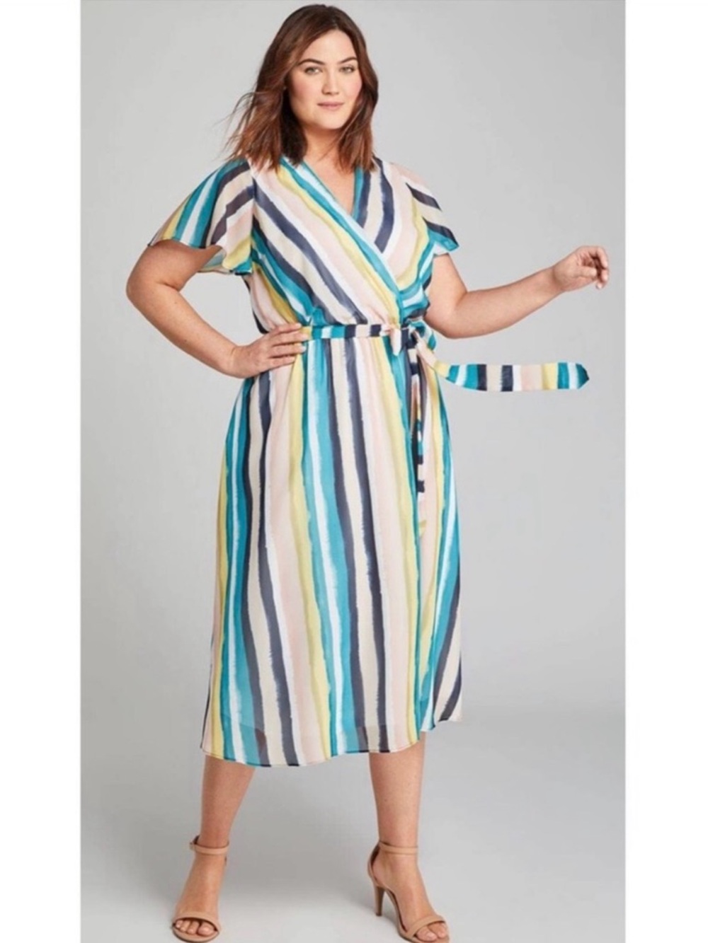 Lane Bryant NWT Watercolor Striped Tie Waist Flutter Sleeve Midi Dress Size 22